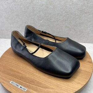 EMPRESS Black Leather Square Toe Ballet Flats Elastic Strap Women Size 7 38